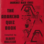 Red scanned cover of magazine, 70's block letters and illustration of cartoons in capital A's. "The anarcho quiz book"