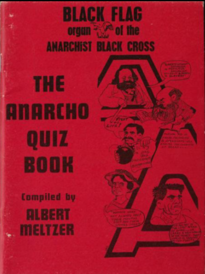 Red scanned cover of magazine, 70's block letters and illustration of cartoons in capital A's. "The anarcho quiz book"
